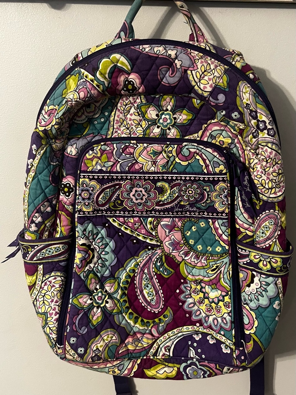 Vera Bradley Purple Paisley Quilted Backpack with Teal & Pink Accents